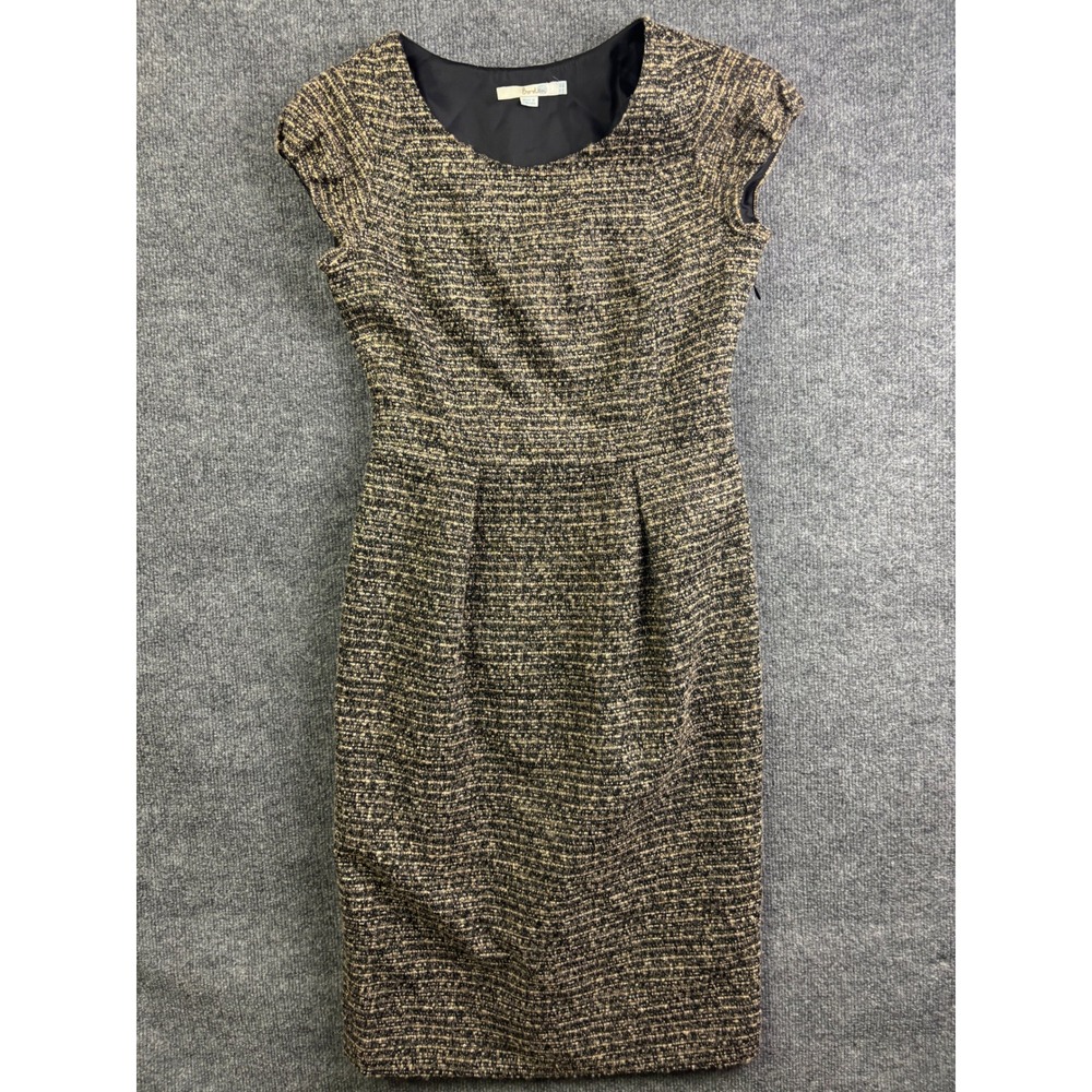 Boden Sheath Dress Women 4L Black Gold Metallic Tweed Wool Blend Cap Sleeve